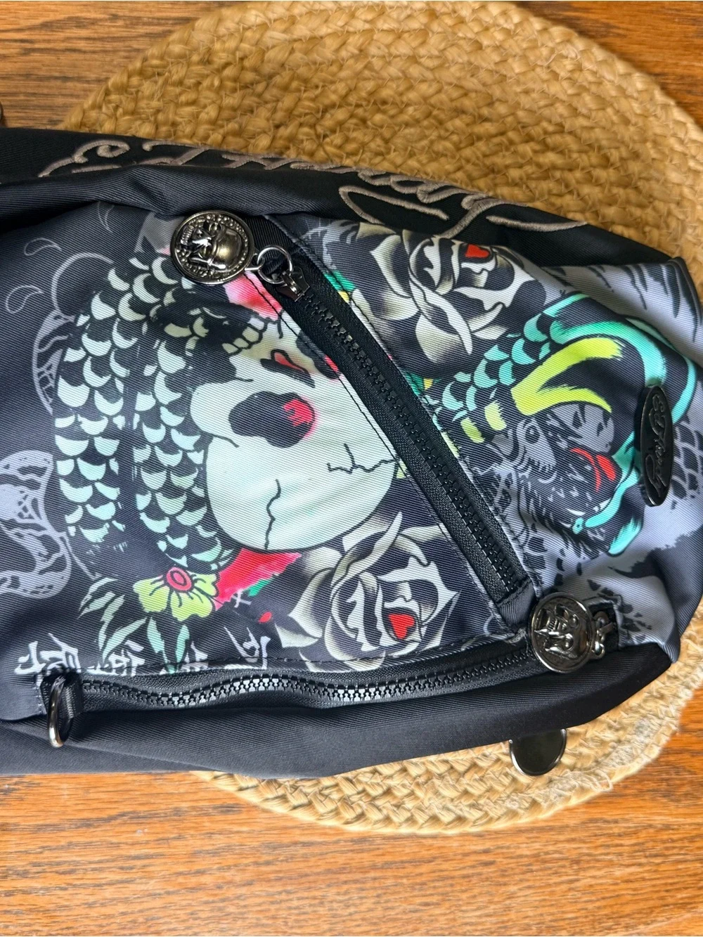 Ed Hardy Black & Gray Graphic Backpack with Multicolor Tattoo Print